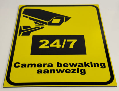 Camera Bewaking bord Dibond zwart-geel met tekst camerabewaking aanwezig
