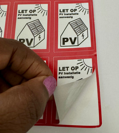 PV sticker NEN 1010 50x35mm, set van 15 stickers | LET OP PV installatie aanwezig