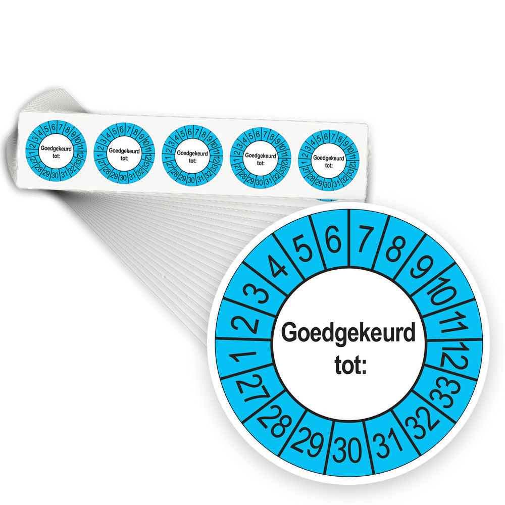 Keuringsstickers Goedgekeurd tot 2027 | 1000 stuks, Ø 35 mm | Buiten Blauw - stapel stroken