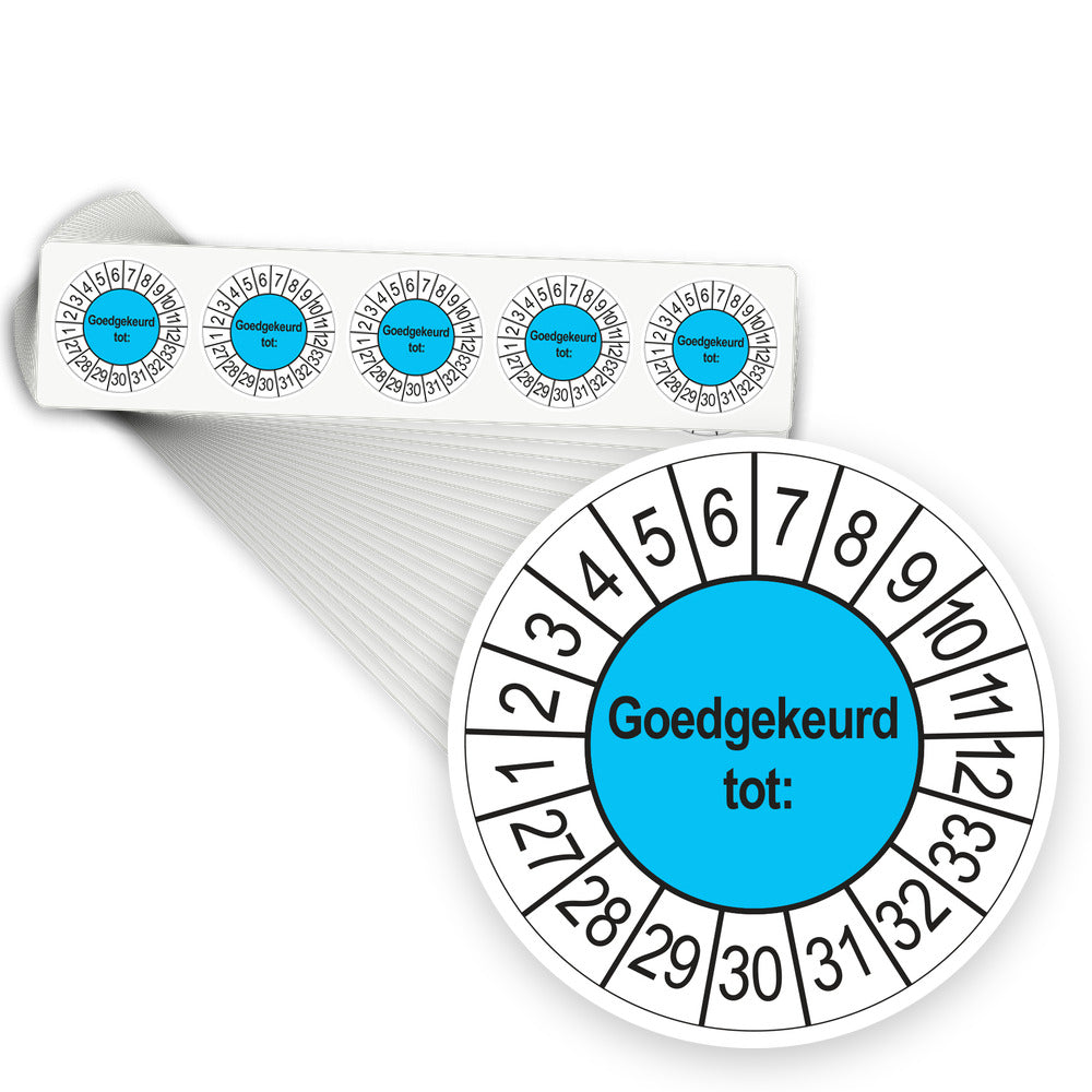 Keuringsstickers Goedgekeurd tot 2027 | 1000 stuks, Ø 35 mm | Blauw - stapel stroken