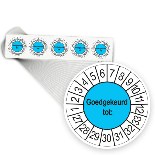 Keuringsstickers Goedgekeurd tot 2027 | 1000 stuks, Ø 35 mm | Blauw - stapel stroken