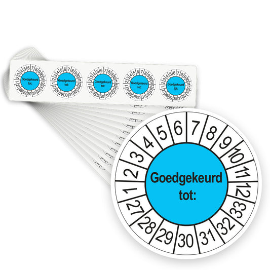 Keuringsstickers Goedgekeurd tot 2027 | 500 stuks, Ø 35 mm | Blauw - stapel stroken
