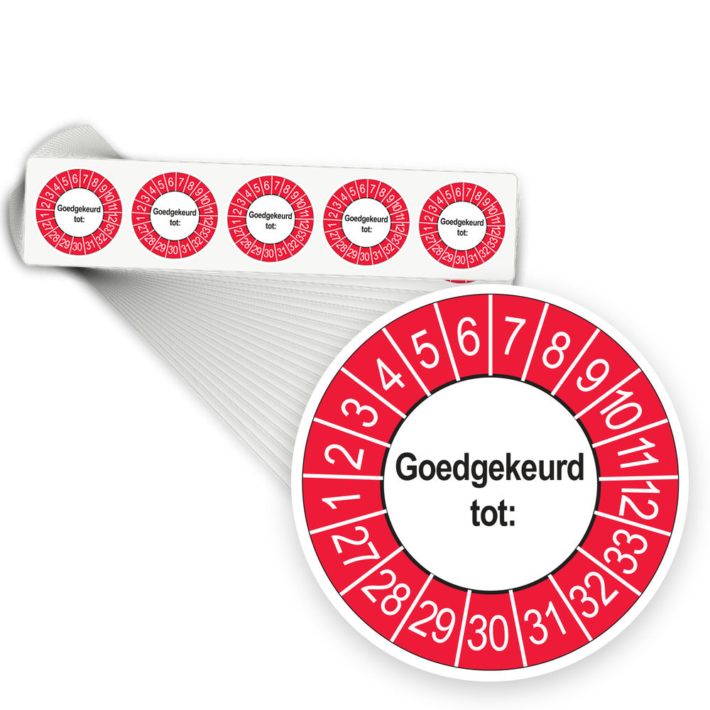 Keuringsstickers Goedgekeurd tot 2027 | 1000 stuks, Ø 35 mm | Buiten Rood - stapel stroken