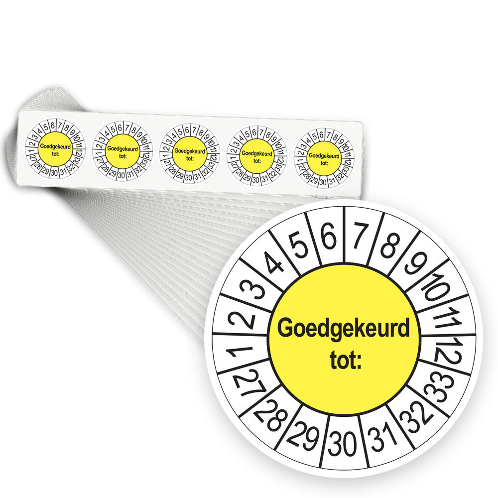 Keuringsstickers Goedgekeurd tot 2027 | 1000 stuks, Ø 35 mm | Geel - stapel stroken