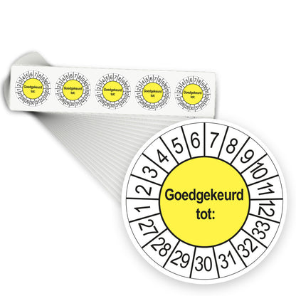 Keuringsstickers Goedgekeurd tot 2027 | 1000 stuks, Ø 35 mm | Geel - stapel stroken