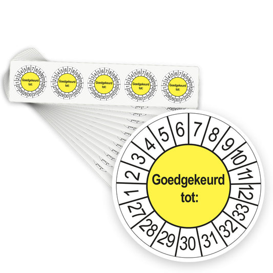 Keuringsstickers Goedgekeurd tot 2027 | 500 stuks, Ø 35 mm | Geel - stapel stroken