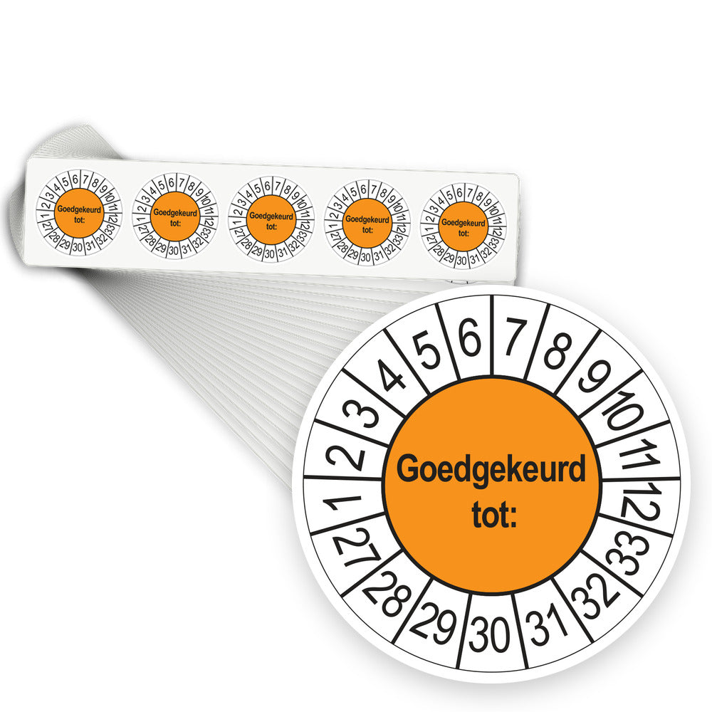Keuringsstickers Goedgekeurd tot 2027 | 1000 stuks, Ø 35 mm | Oranje - stapel stroken
