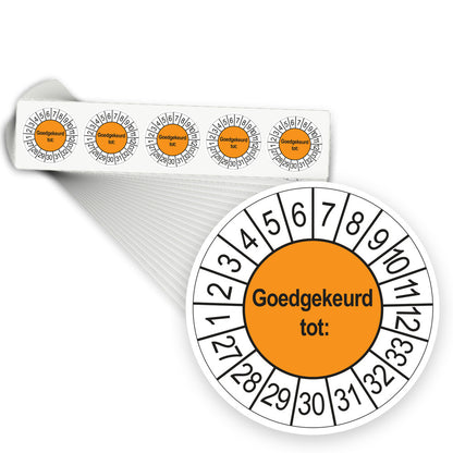 Keuringsstickers Goedgekeurd tot 2027 | 1000 stuks, Ø 35 mm | Oranje - stapel stroken