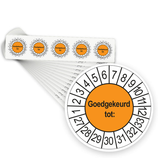 Keuringsstickers Goedgekeurd tot 2027 | 500 stuks, Ø 35 mm | Oranje - stapel stroken