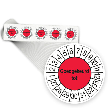 Keuringsstickers Goedgekeurd tot 2027 | 1000 stuks, Ø 35 mm | Rood - stapel stroken