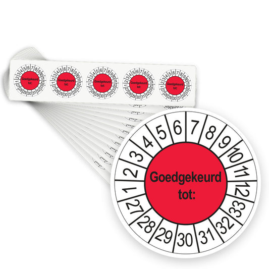 Keuringsstickers Goedgekeurd tot 2027 | 500 stuks, Ø 35 mm | Rood - stapel stroken