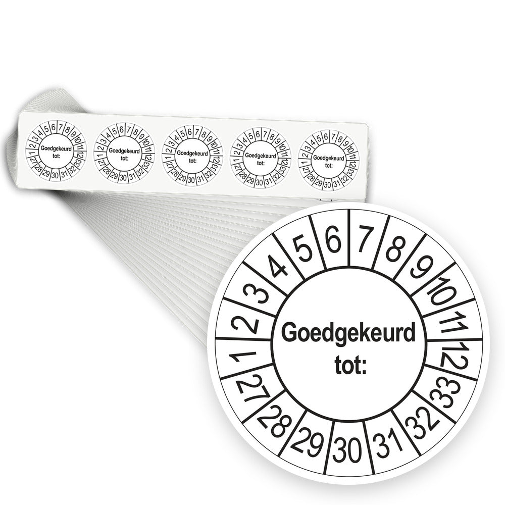 Keuringsstickers Goedgekeurd tot 2027 | 1000 stuks, Ø 35 mm | Wit - stapel stroken