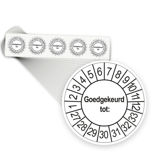 Keuringsstickers Goedgekeurd tot 2027 | 1000 stuks, Ø 35 mm | Wit - stapel stroken