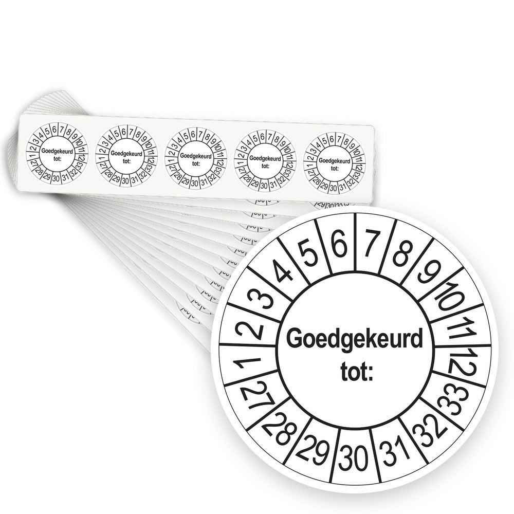 Keuringsstickers Goedgekeurd tot 2027 | 500 stuks, Ø 35 mm | Wit - stapel stroken