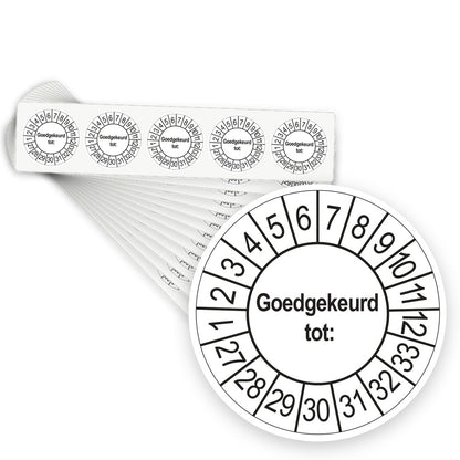 Keuringsstickers Goedgekeurd tot 2027 | 500 stuks, Ø 35 mm | Wit - stapel stroken