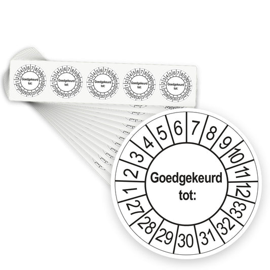 Keuringsstickers Goedgekeurd tot 2027 | 500 stuks, Ø 35 mm | Wit - stapel stroken