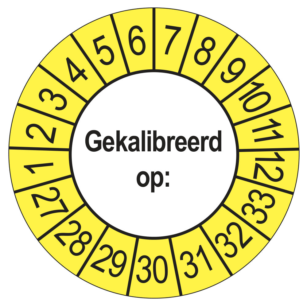 Keuringssticker Gekalibreerd op 2027, buiten geel, Ø 35 mm