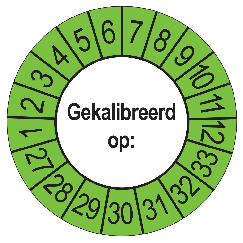 Keuringssticker Gekalibreerd op 2027, buiten groen, Ø 35 mm