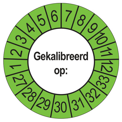 Keuringssticker Gekalibreerd op 2027, buiten groen, Ø 35 mm