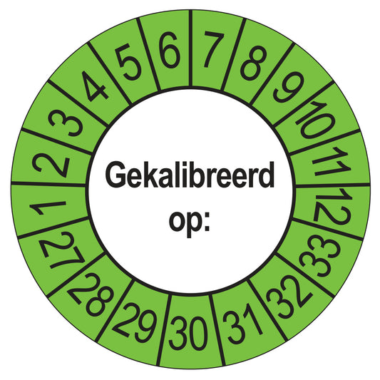 Keuringssticker Gekalibreerd op 2027, buiten groen, Ø 35 mm