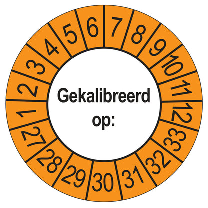 Keuringssticker Gekalibreerd op 2027, buiten oranje, Ø 35 mm