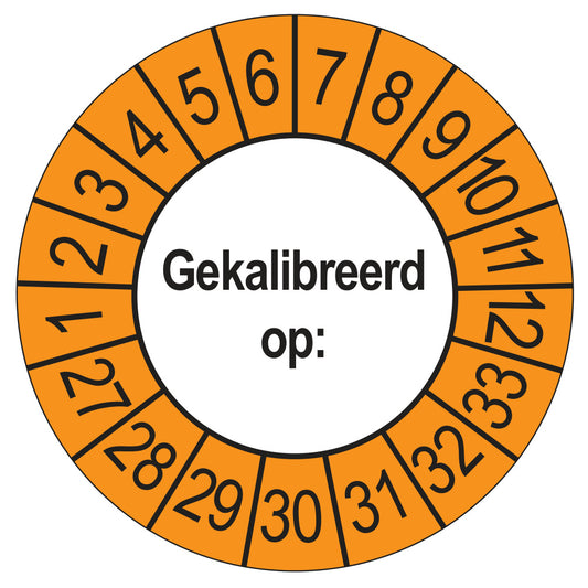 Keuringssticker Gekalibreerd op 2027, buiten oranje, Ø 35 mm
