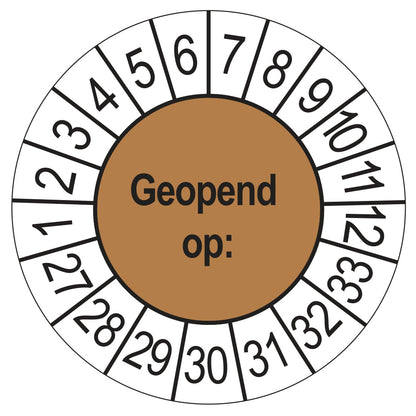 Keuringssticker Geopend op 2027, bruin, Ø 35 mm