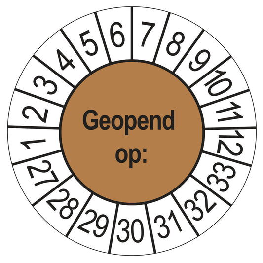 Keuringssticker Geopend op 2027, bruin, Ø 35 mm
