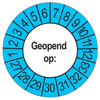 Keuringssticker Geopend op 2027, buiten blauw, Ø 35 mm
