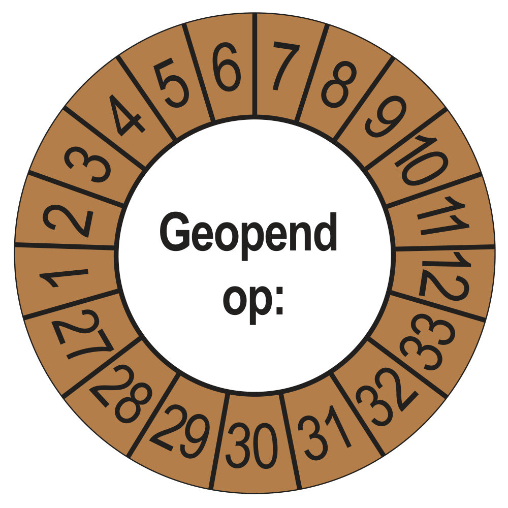 Keuringssticker Geopend op 2027, buiten bruin, Ø 35 mm