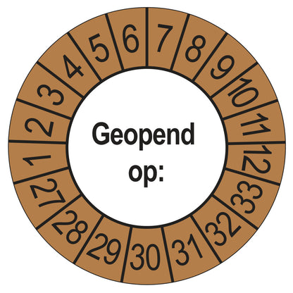 Keuringssticker Geopend op 2027, buiten bruin, Ø 35 mm
