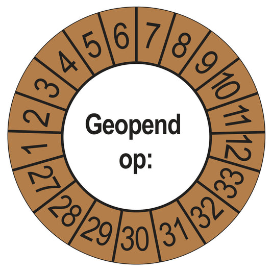Keuringssticker Geopend op 2027, buiten bruin, Ø 35 mm