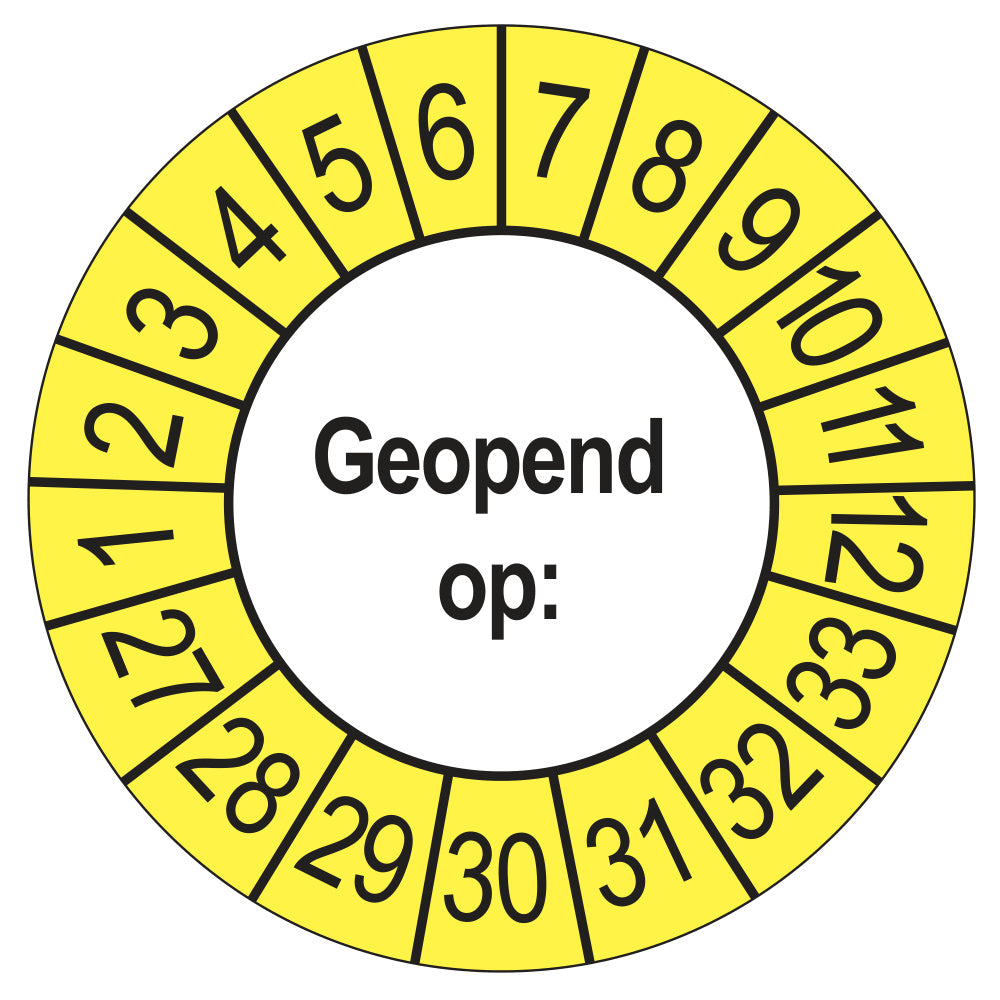 Keuringssticker Geopend op 2027, buiten geel, Ø 35 mm