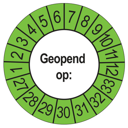 Keuringssticker Geopend op 2027, buiten groen, Ø 35 mm