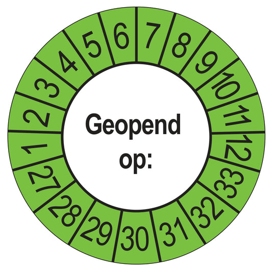 Keuringssticker Geopend op 2027, buiten groen, Ø 35 mm