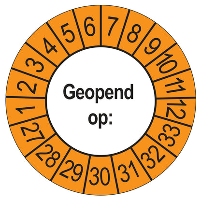 Keuringssticker Geopend op 2027, buiten oranje, Ø 35 mm