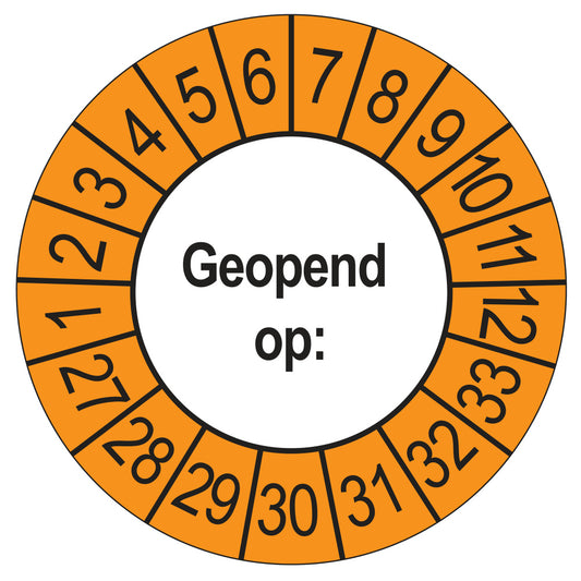 Keuringssticker Geopend op 2027, buiten oranje, Ø 35 mm