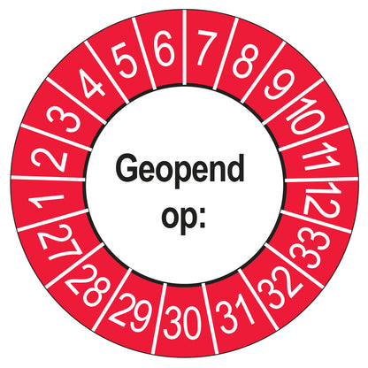 Keuringssticker Geopend op 2027, buiten rood, Ø 35 mm