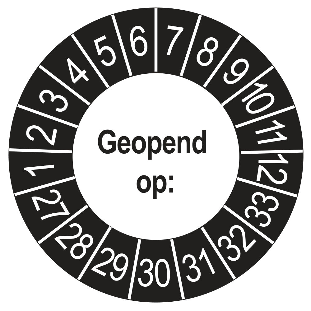 Keuringssticker Geopend op 2027, buiten zwart, Ø 35 mm