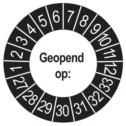 Keuringssticker Geopend op 2027, buiten zwart, Ø 35 mm