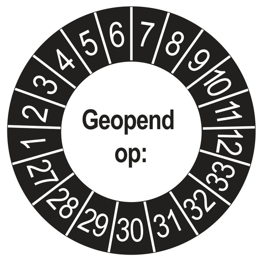 Keuringssticker Geopend op 2027, buiten zwart, Ø 35 mm
