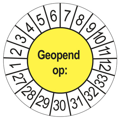 Keuringssticker Geopend op 2027, geel, Ø 35 mm