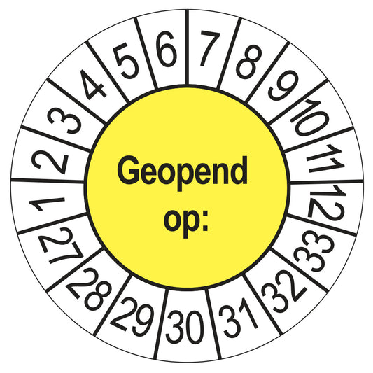 Keuringssticker Geopend op 2027, geel, Ø 35 mm