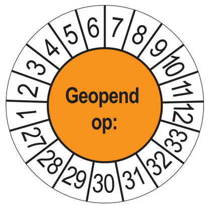 Keuringssticker Geopend op 2027, oranje, Ø 35 mm