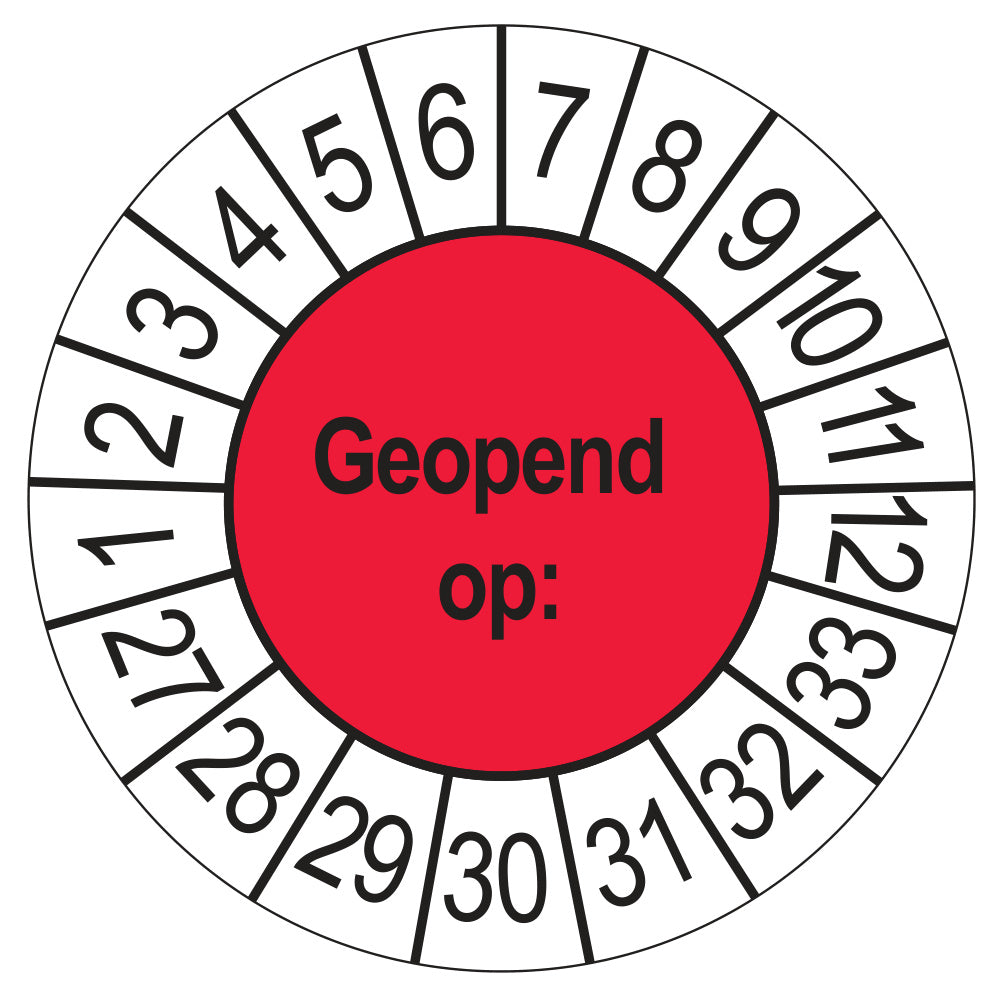 Keuringssticker Geopend op 2027, rood, Ø 35 mm