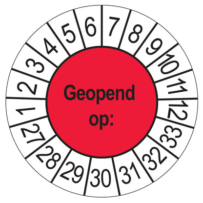 Keuringssticker Geopend op 2027, rood, Ø 35 mm