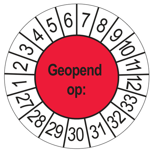Keuringssticker Geopend op 2027, rood, Ø 35 mm