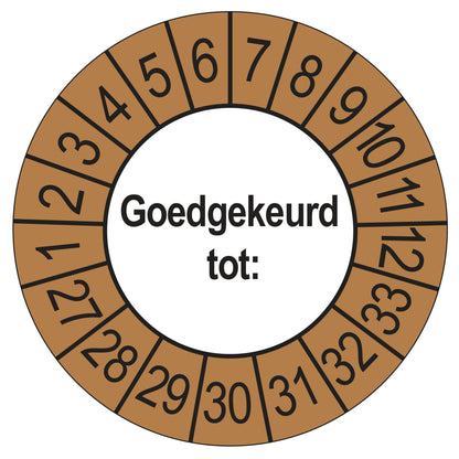 Keuringssticker Goedgekeurd tot, buiten bruin, Ø 35 mm