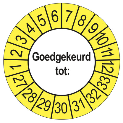 Keuringssticker Goedgekeurd tot, buiten geel, Ø 35 mm