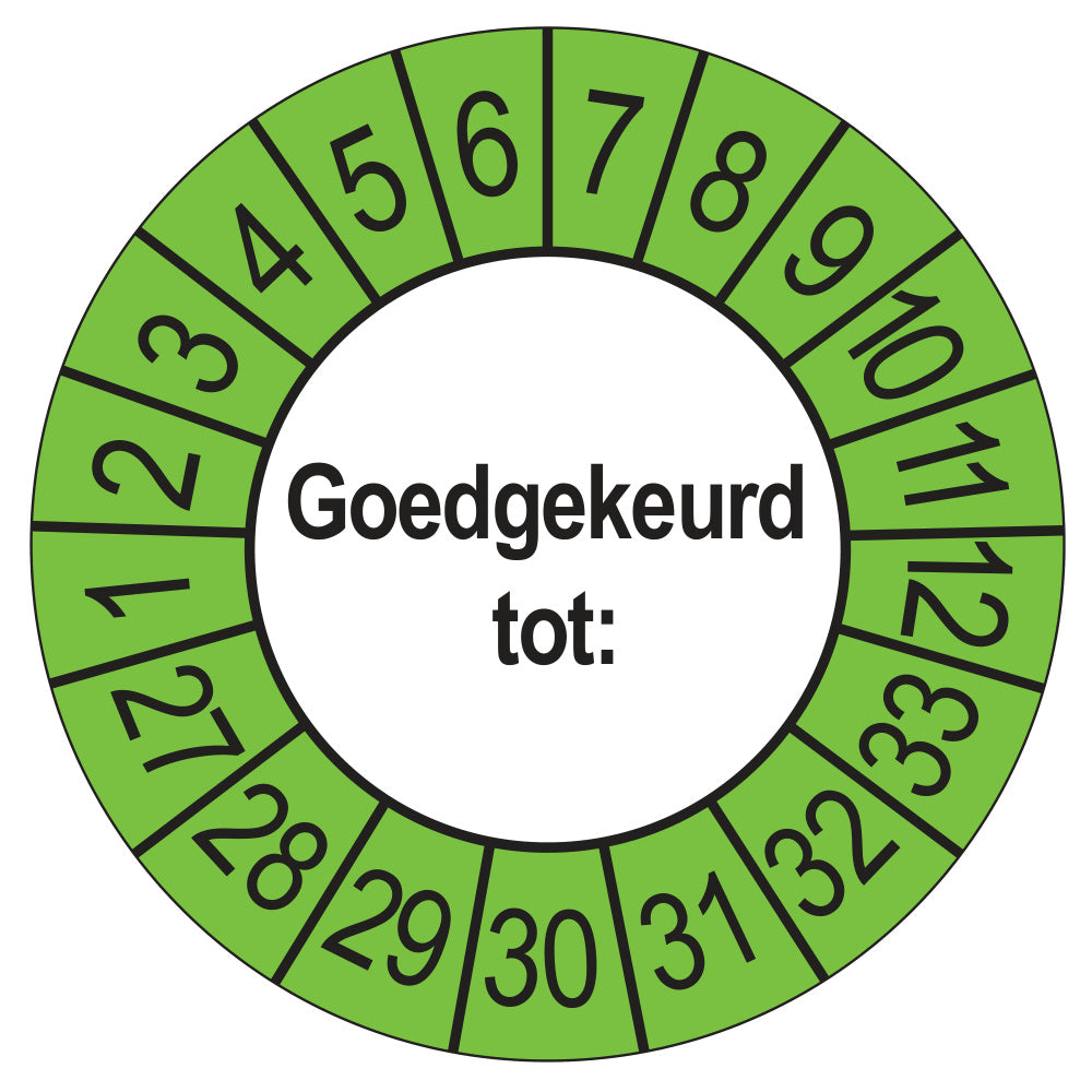 Keuringssticker Goedgekeurd tot, buiten groen, Ø 35 mm
